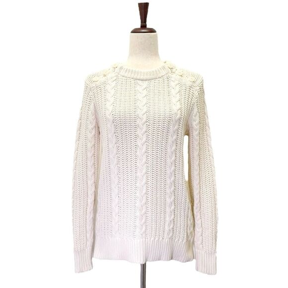 LL Bean Ivory Cable Knit Sweater Button Shoulder Fisherman Pullover Size Medium - Picture 1 of 13